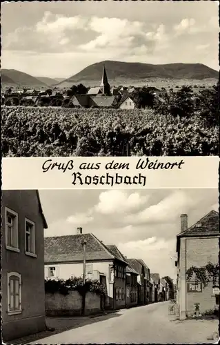 Ak Roschbach in der Pfalz, Panorama mit Kirche, Straßenpartie