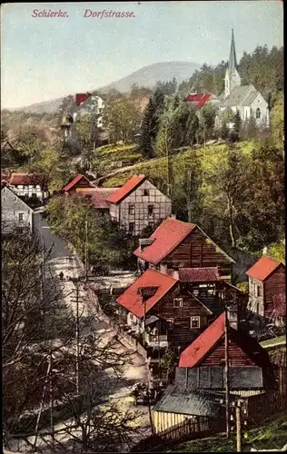 Ak Schierke Wernigerode im Harz, Dorfstraße, Kirche, Fachwerkhäuser