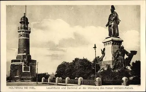 Ak Holtenau Kiel, Leuchtturm und Denkmal an der Mündung des Kaiser Wilhelm Kanals