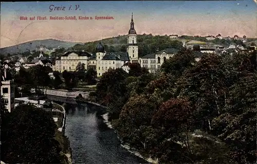Ak Greiz in Thüringen, Stadtpanorama, Kirche, Residenzschloss, Gymnasium