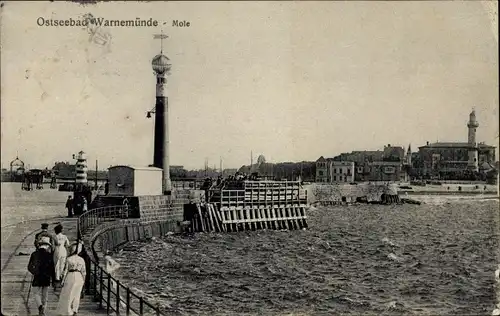 Ak Ostseebad Warnemünde Rostock, Mole, Leuchtturm