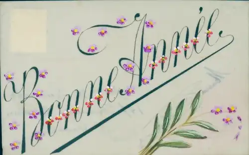 Zelluloid Ak Glückwunsch Neujahr, Kleine lila Blumen