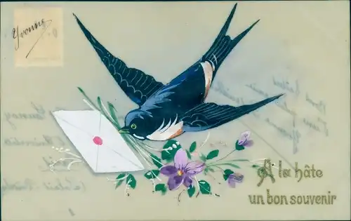 Zelluloid Ak Schwalbe mit Brief im Schnabel, Blumen, Souvenir
