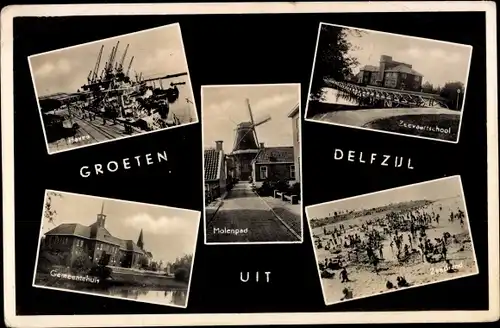 Ak Delfzijl Groningen, Hafen, Strand, Gemeindehaus, Windmühle