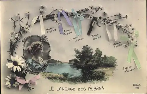 Ak Le Langage des Rubans, Amour Candide, Amour Sincere, Je pense a vous, Frauenportrait, Bänder