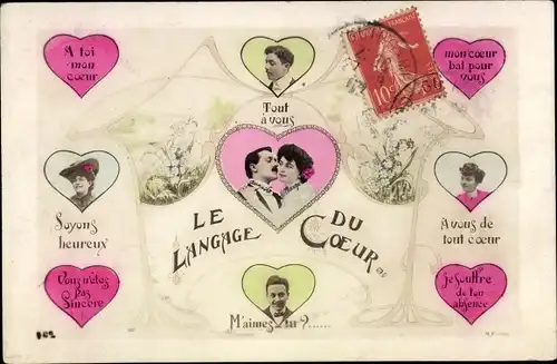 Ak Le Langage du Coeur, Liebespaar, Herzen