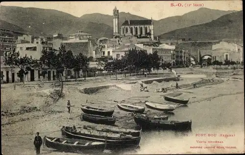 Ak Portbou Katalonien, Vista general, Strandszene, Boote