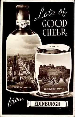 Ak Edinburgh Schottland, Princes Street, Castle, Bierflasche und Bierglas