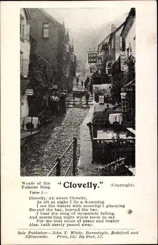 Ak Clovelly Devon England, Straßenszene, Words of the Famous Song Clovelly