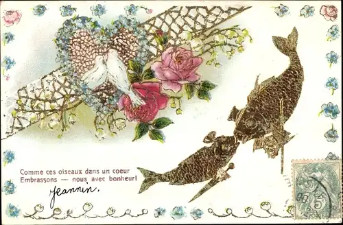 Präge Litho Vermenschlichte Fische, Rosen, Tauben, Vergissmeinnicht