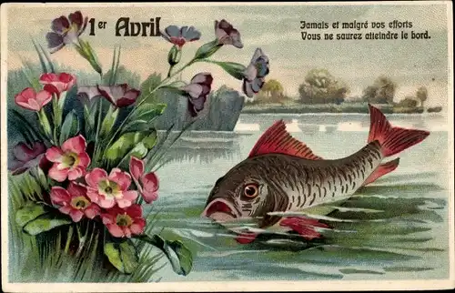 Ak 1. April, Ier Avril, Ansicht eines Fisches mit Blumen