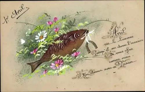 Handgemalt Ak 1. April, Ier Avril, Fisch mit Hufeisen, Blumen