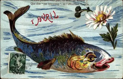 Ak 1. April, Ier Avril, Fisch und weiße Blume