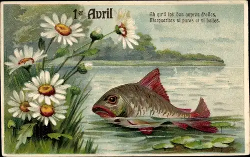 Präge Ak 1. April, Ier Avril, Fisch im Wasser, weiße Blumen