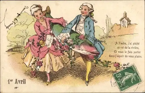 Litho 1. April, Ier Avril, Mann und Frau tragen einen großen Fisch