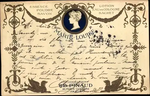 Ak Marie Louise, Essence, Poudre, Savon, Lotion, Eau de Cologne, F. D. Pinaud, Place Vendome Paris