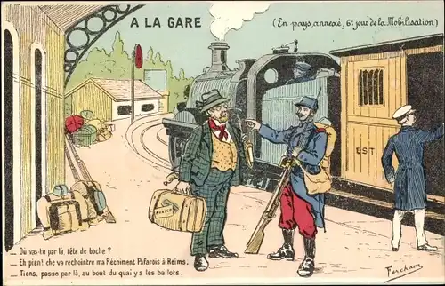 Künstler Ak Fercham, A la Gare, En pays annexé, 6e jour de la Mobilisation