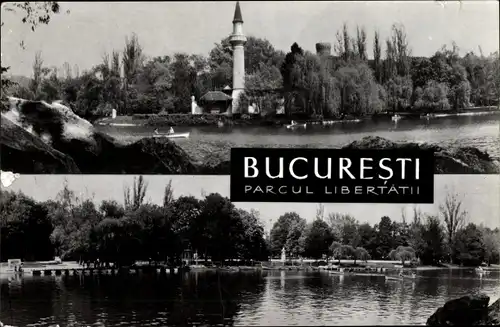 Ak București Bukarest Rumänien, Stadtansichten, Turm, Park, Ruderpartie