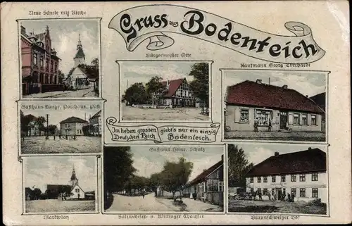 Ak Bad Bodenteich in der Lüneburger Heide, Neue Schule, Kirche, Braunschweiger Hof, Kaufmann