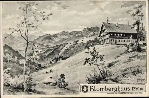 Künstler Ak Moos, Wackerberg im Isartal Oberbayern, Blomberghaus, Ortschaft mit Landschaftsblick