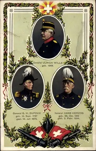 Ak Schweizer Soldaten, General Ulrich Wille, G. H. Dufour, Hans Herzog, Uniformen