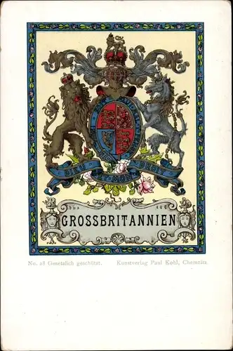 Wappen Ak Wappen des Vereinigten Königreichs, Löwe, Einhorn, Dieu et mon droit, Gott und mein Recht