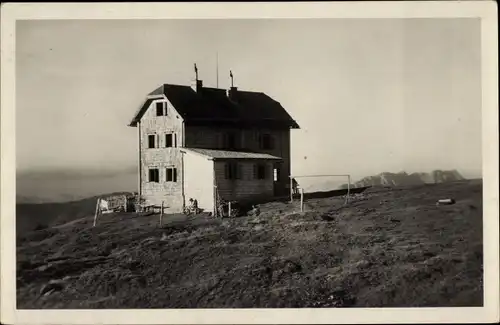 Ak Steiermark, Krummholzhütte am Hauser Kaibling, Abendstimmung