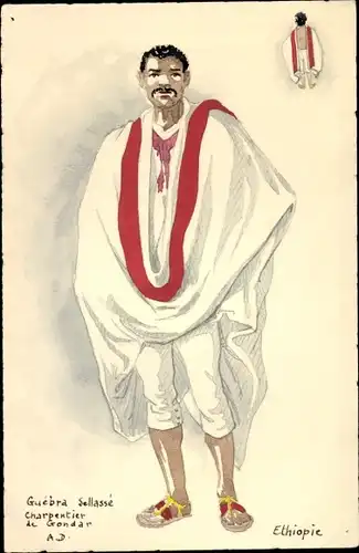 Handgemalt Ak Äthiopien, Mann in Tracht, Guebra Sellasse, Charpentier de Gondar