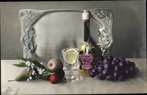 Ak Flasche mit Creme Cacao, Weintrauben, Glas, Apfel, Birnen, Zitrone
