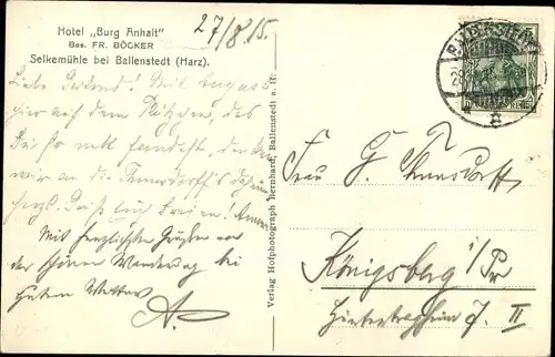 Ak Ballenstedt im Harz, Selkemühle im Selketal, Hotel Burg Anhalt