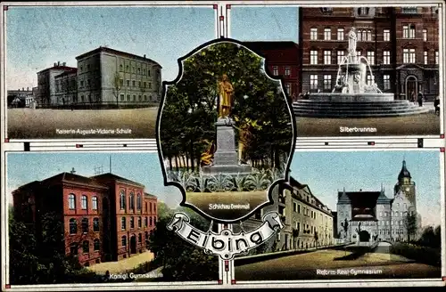 Ak Elbląg Elbing Westpreußen, Kaiserin Auguste Viktoria Schule, Silberbrunnen, Gymnasium, Denkmal