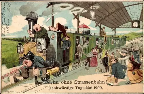 Litho Berlin ohne Straßenbahn, Denkwürdige Tage Mai 1900, Eisenbahn im Bahnhof, Reisende
