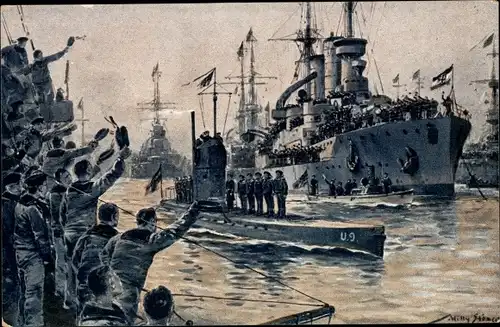 Künstler Ak Stöwer, Willy, Deutsches U Boot, Unterseeboot, SM U 9, Begrüßung in Wilhelmshaven 1914