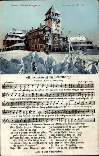 Lied Ak Vogel, Wilhelm, Oberwiesenthal, Wilkumme of en Fichtelbarg, Neues Fichtelberghaus, Winter