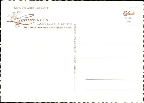 Ak Köln am Rhein, Konditorei Lemm, Café der Tierfreunde, Papagei, Auf dem Berlich 8