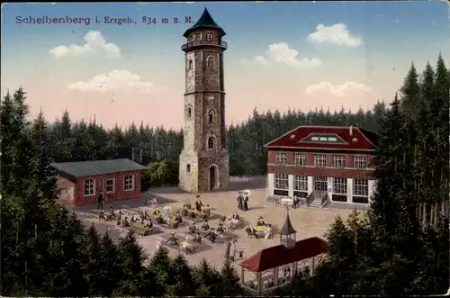 Ak Scheibenberg Erzgebirge, Gasthof mit Turm, Terrasse