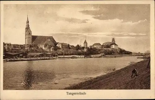 Ak Tangermünde an der Elbe, Blick auf Ort vom Wasser aus