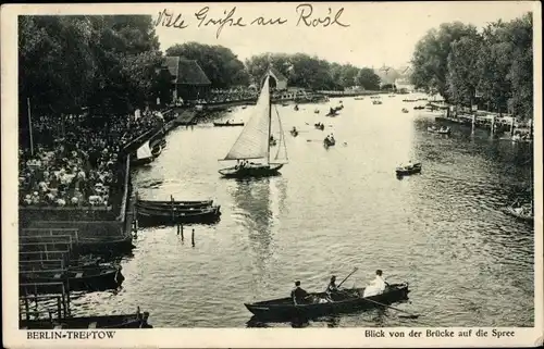 Ak Berlin Treptow, Blick von der Brücke auf die Spree, Boote