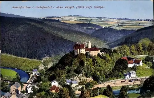 Ak Scharfenstein Drebach im Erzgebirge Sachsen, Schloss mit Umgebung, Zschopautal