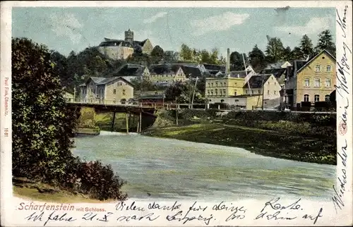 Ak Scharfenstein Drebach im Erzgebirge Sachsen, Schloss, Brücke