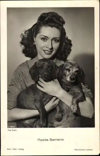 Ak Schauspielerin Rosita Serrano, karierte Bluse, Dackel