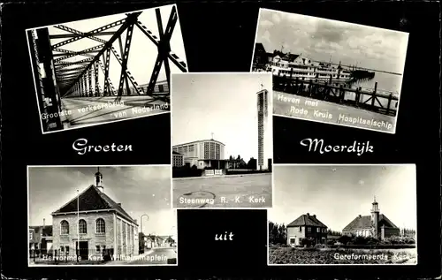 Ak Moerdijk Nordbrabant Niederlande, Verkeersbrug, Haven, Steenweg R. K. Kerk, Hervormde Kerk