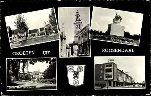 Ak Roosendaal Nordbrabant Niederlande, Station, Bevrijdingsmonument, Markt, Emile van Loonpark