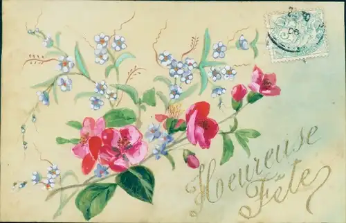 Zelluloid Ak Glückwunsch, Heureuse Fete, Blumen, Vergissmeinnicht