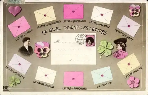 Ak Ce que disent les Lettres, Liebespaar, Briefumschläge
