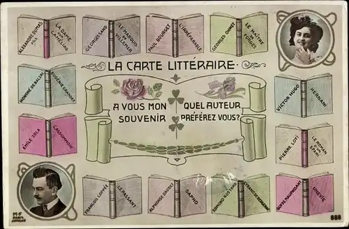 Ak La Carte Litteraire, Bücher, Alexandre Dumas, Victor Hugo, Emile Zola, Georges Sand