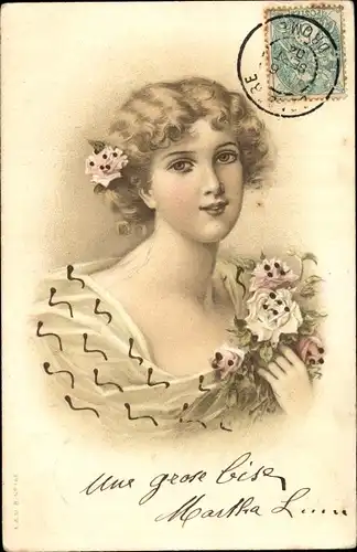 Glitzer Litho Portrait einer blonden Frau mit Blumen
