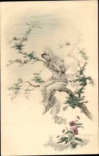 Künstler Ak Frau sitzt auf einem Baum, Munk