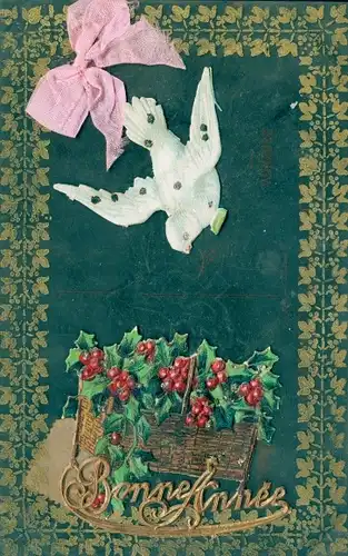 Zelluloid Ak Glückwunsch Neujahr, Taube, Stoffschleife, Stechpalme