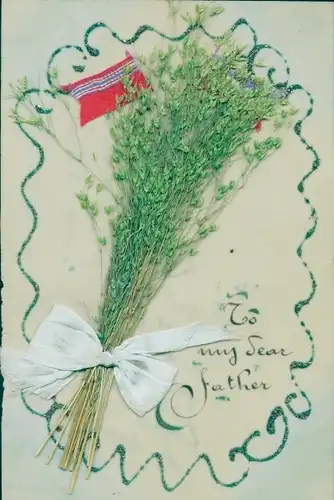 Zelluloid Glitzer Ak Stoffschleife, Fahne, Pflanze, Kitsch